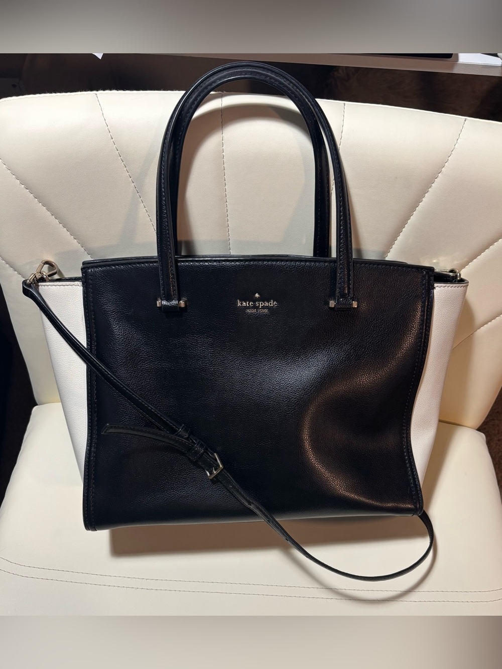 kate spade Black and White Leather Satchel with Detachable Strap
